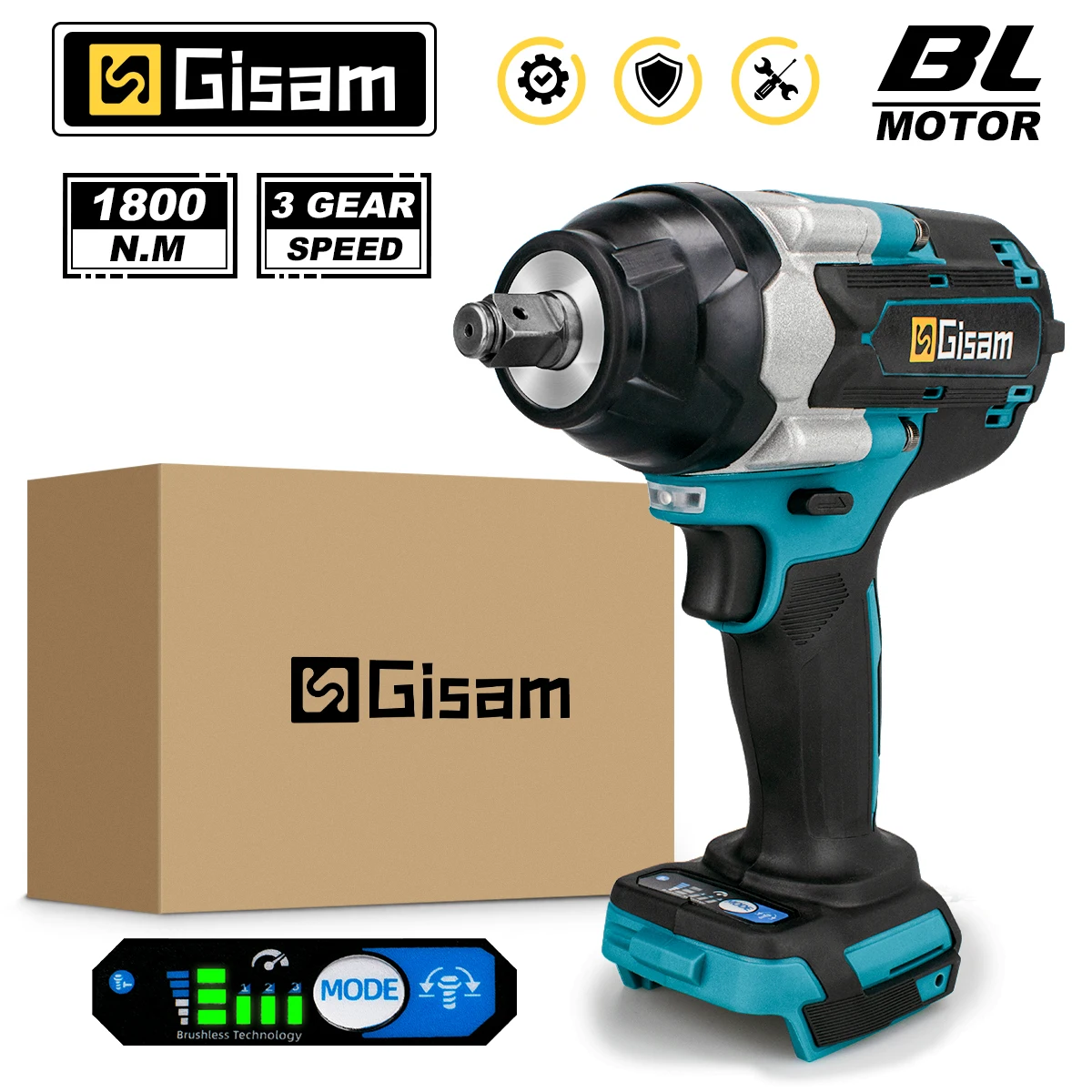 1800N.M Torque Brushless Cordless Electric Impact Wrench Without Battery 1/2 inch Wrench Power Tools for Makita 18V Battery