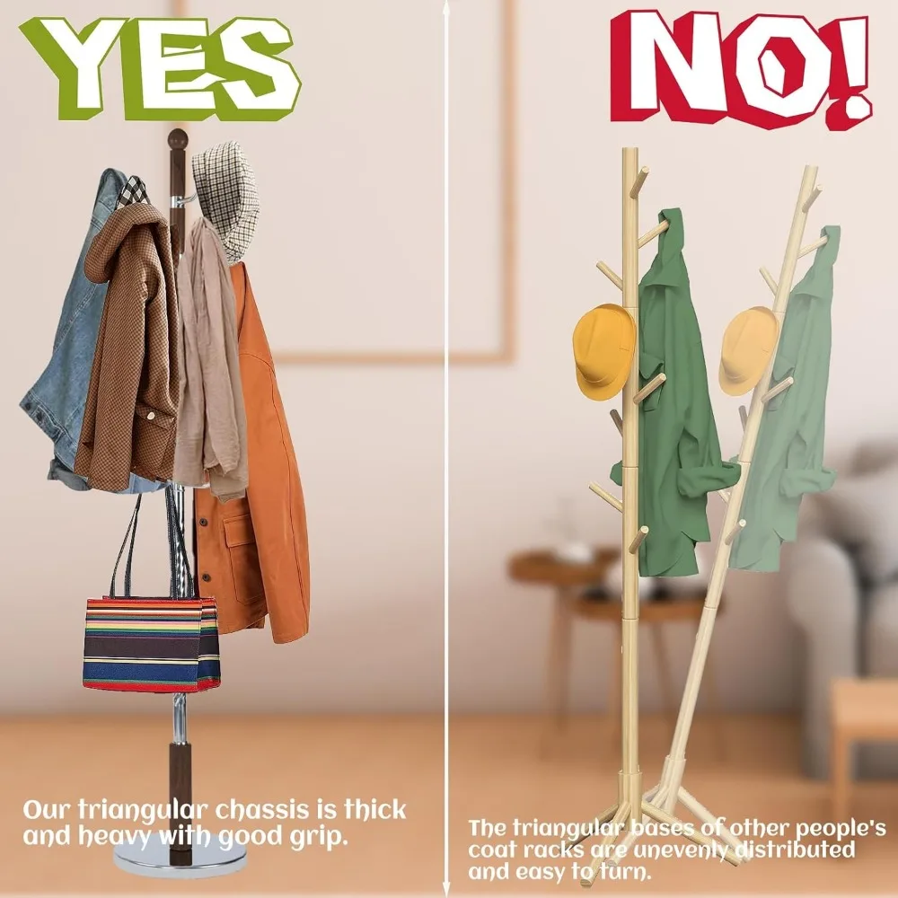 رف معطف قائم بذاته على شكل شجرة قابل للتعديل للمنزل وغرفة النوم مع قاعدة مستديرة ثابتة وبناء خشبي طويل الأمد #5