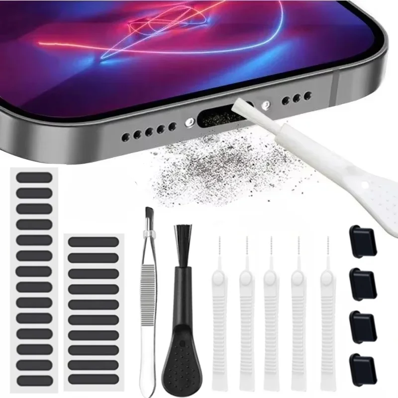 Universal Mobile Phone Speaker Dust Mesh Sticker Type C Phone Port Protector Dust Plug Tweezers for iPhone Samsung Cleaning Kit