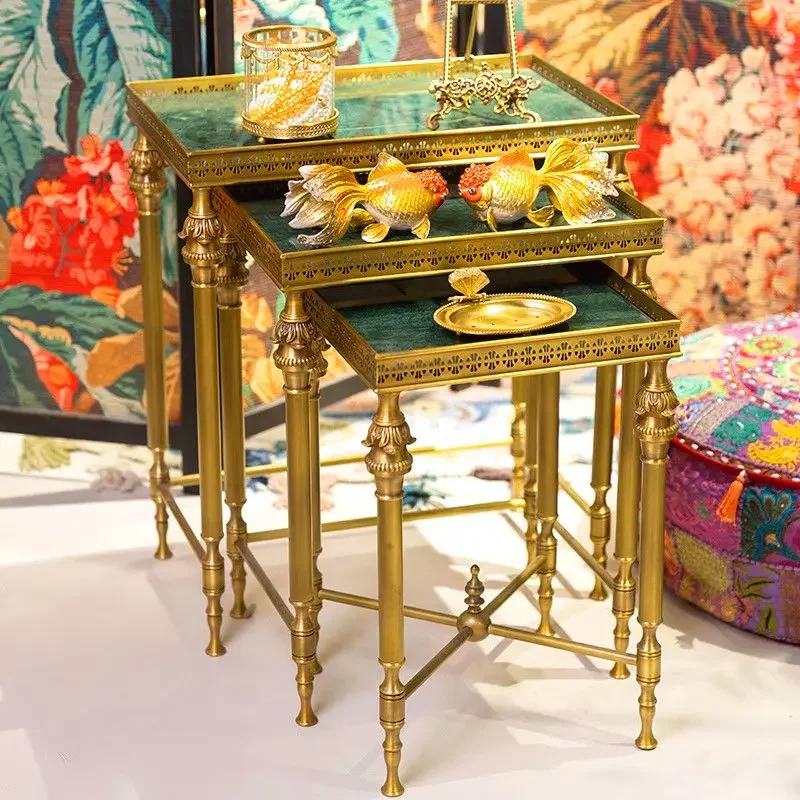 Retro Chinese brass marble side table emerald side sofa living room