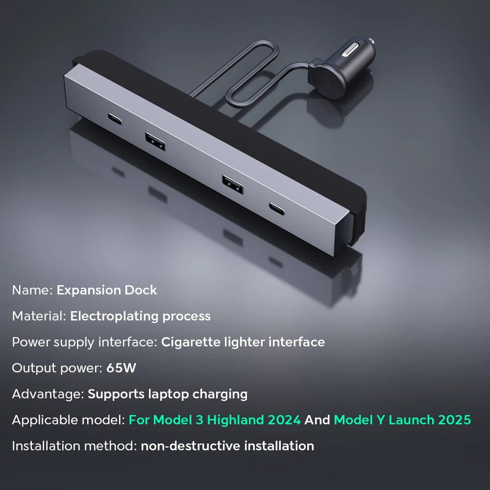 ل تسلا نموذج 3 هايلاند 2024 نموذج جديد Y 2025 إطلاق العرعر 65 واط توسيع حوض التحكم المركزي شحن سريع تحويلة USB HUB