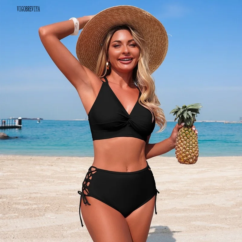 VigoBreviya High Waist Bikini Set Women Summer Black V Neck Swimwear Female 2026 Tied Mesh Backless Swimsuit Ladies Bathing Suit