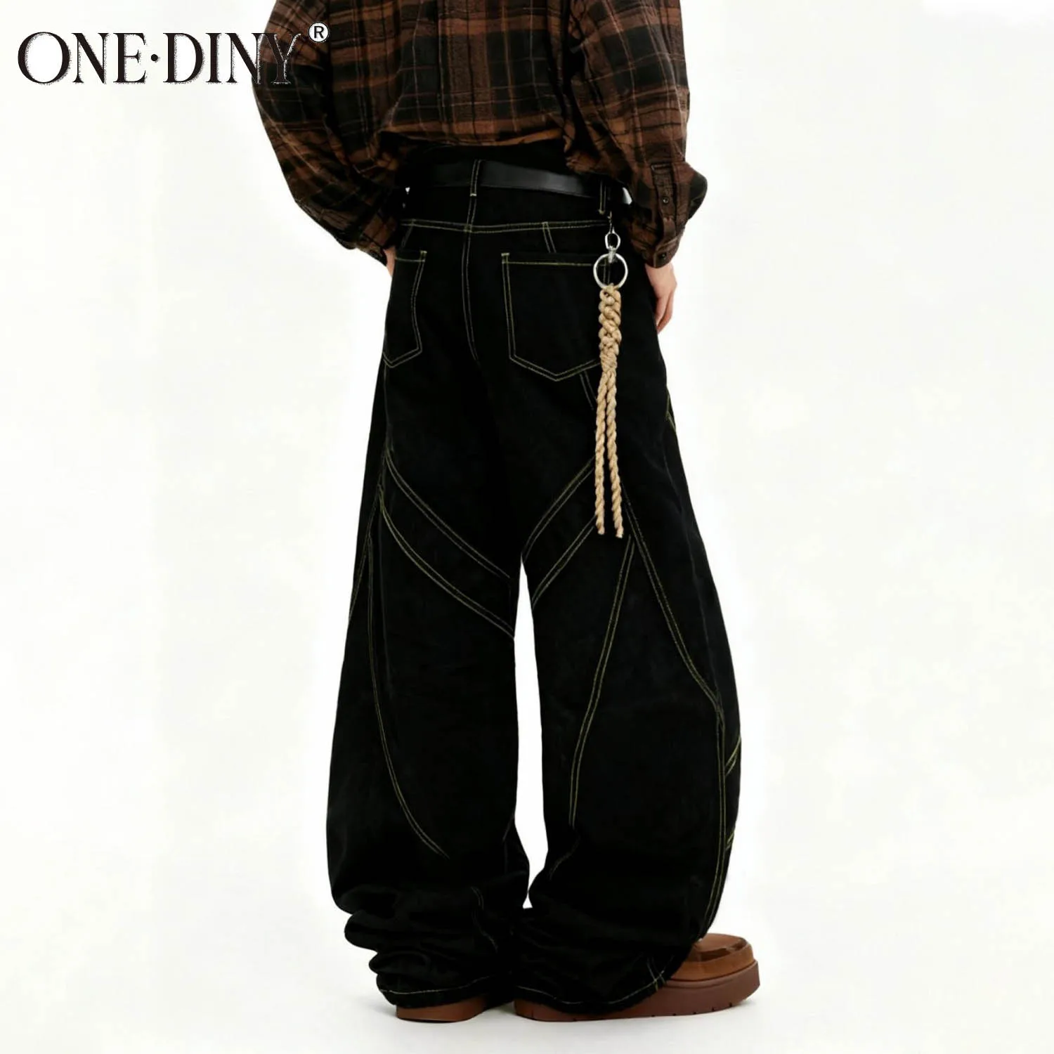 ONE·DINY Men's Black Retro Baggy Wide-Leg Jeans Street Gold Geometric Stitching Denim Pants Geometric Stitching Unisex Clothes