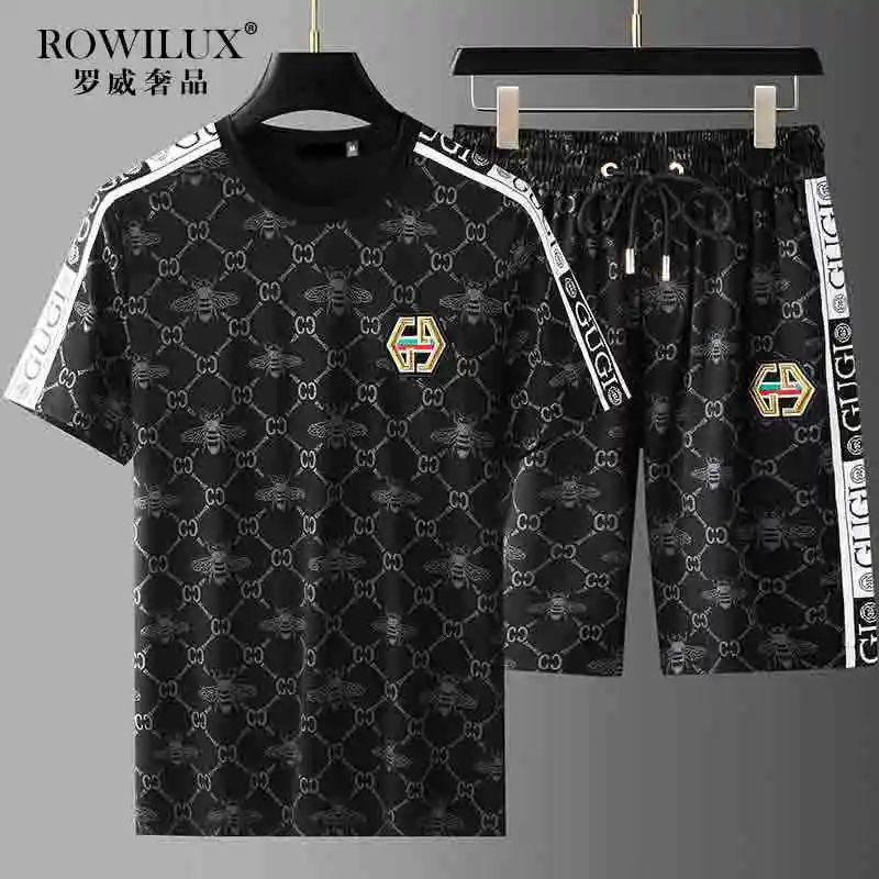 2025 ROWILUX Famous Brand Little Bee Print Short-sleeved Sports Suit Men\'s Summer Youth Fashion Trendy T-shirt Shorts