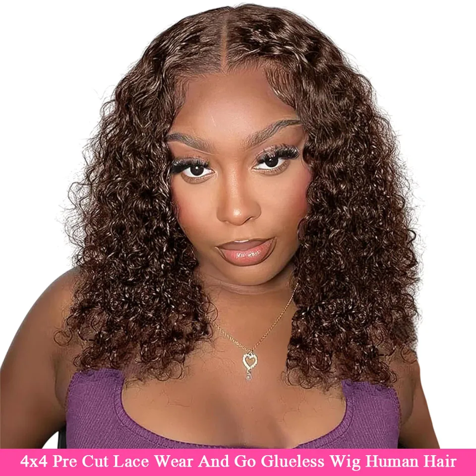 

Wear And Go Brown Curly Bob Wigs Human Hair Preplucked #4 Chocolate Color 4x4 HD Pre Cut Lace Curly Bob Glueless Wigs Human Hair