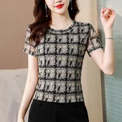 New Summer Women's Style Spliced Contrast Color O-Neck Short Sleeve Loose Gauze Pullovers Fashion Casual Comfortable Tops