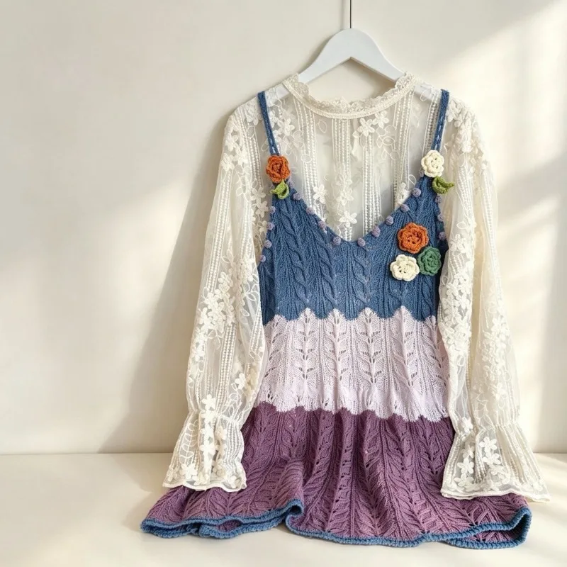 Korean Style Women Color Block Knit Camisole Vest Autumn Flower Sweet Loose Sleeveless Top