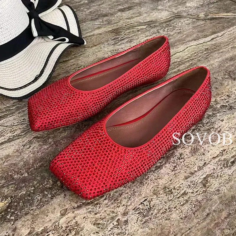 Spring Summer Bling Bling Rhinestone Decorative Square Toe Flat Shoes Women Shallow Mouth Retro Loafers Daily Casual Bean Shoes