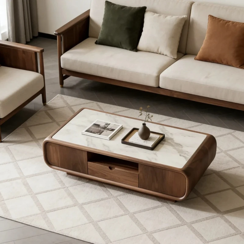 X-S New Chinese rock slab countertop storage light luxury high-end living room solid wood coffee table, can be customized HG