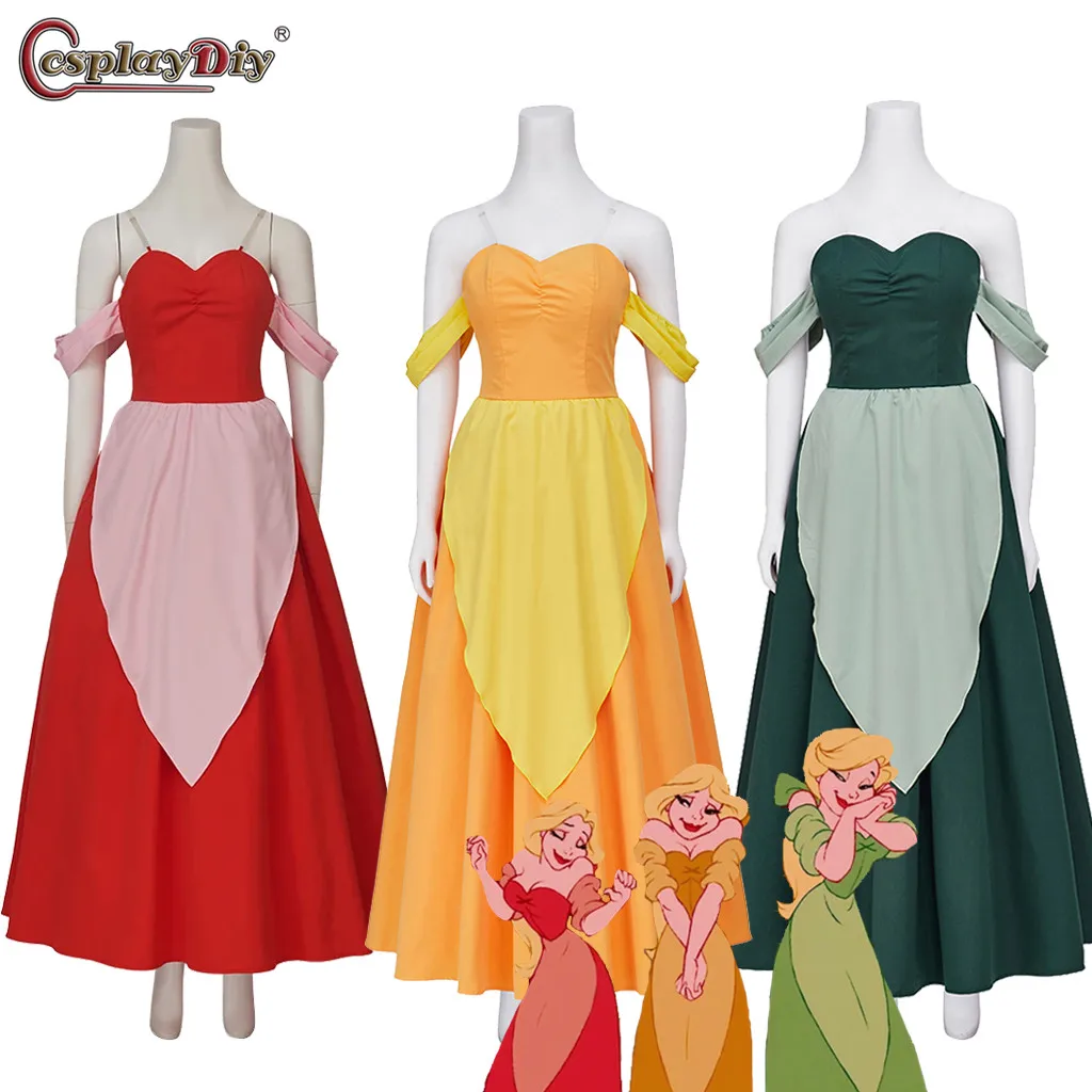 

Cosplaydiy The Bimbettes Claudette Laurette Paulette Costume Dress Red Green Yellow Princess Dress Halloween Disguise Ball Gown