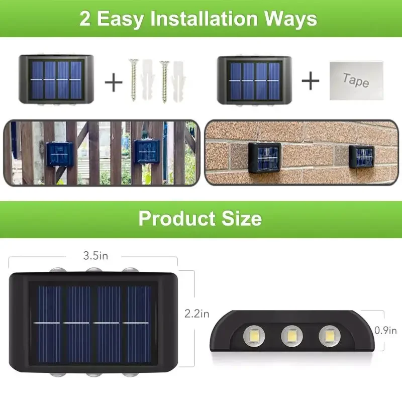 6/10 LED Solar Wall Lamps Top and Bottom Waterproof Lighting for Decorating Garden Fences