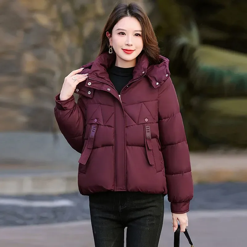 ファッションショート厚手暖かいパッド入りコート女性用パーカー冬2026新作韓国風フード付きダウンコットンジャケットレディースゆったりアウターウェアT1619