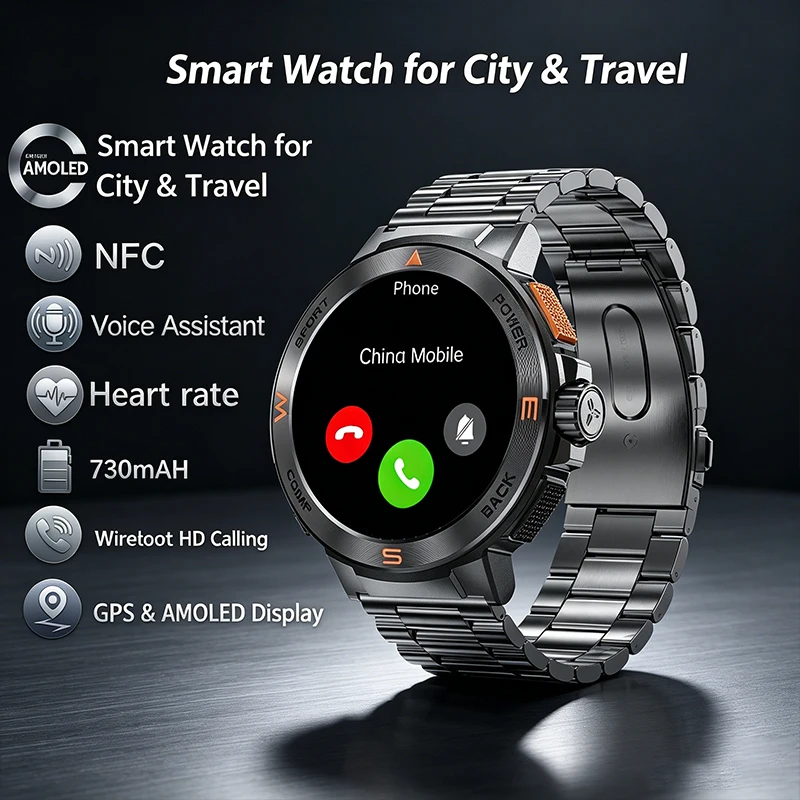 

2026 New multifunctional smart watch with altimeter and compass, 1.43-inch AMOLED display, Bluetooth, phone connectivity, GPS, and fitness tracker