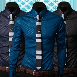 Novo argyle luxo camisa masculina estilo de negócios magro conforto macio fino ajuste estilos manga longa casual vestido camisa presente para homem