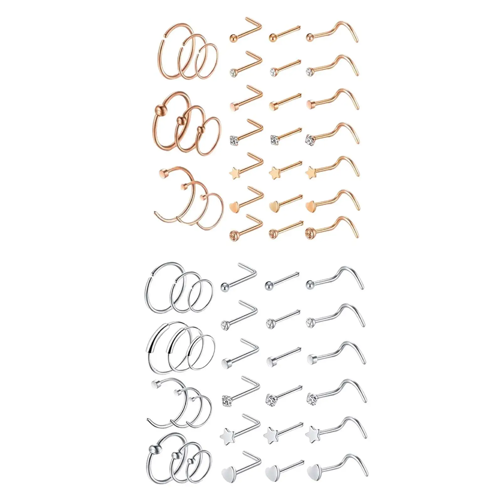 30pcs/lot Stainless Steel Nose Stud Set Round Heart Star Crystal Nose Piercings L Shape Piercing Jewelry 20g
