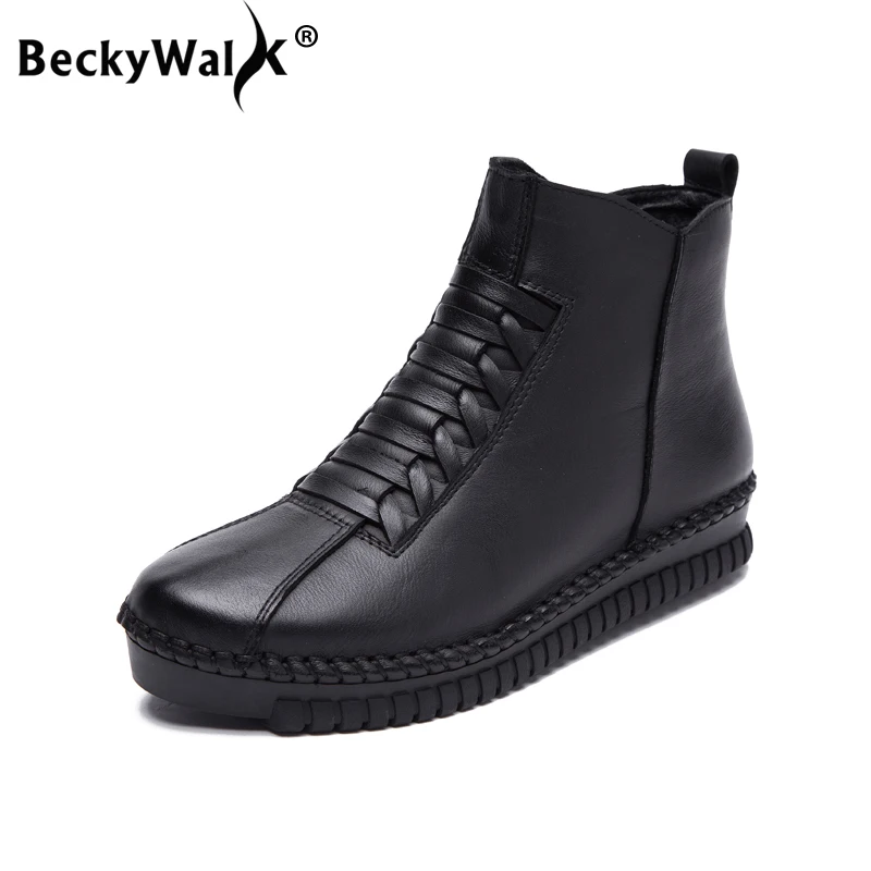

Зимние ботильоны BeckyWalk, женская обувь из натуральной кожи, женская обувь ручной работы, плюшевые зимние ботинки на плоской подошве, большие размеры 35-43 WSH3066