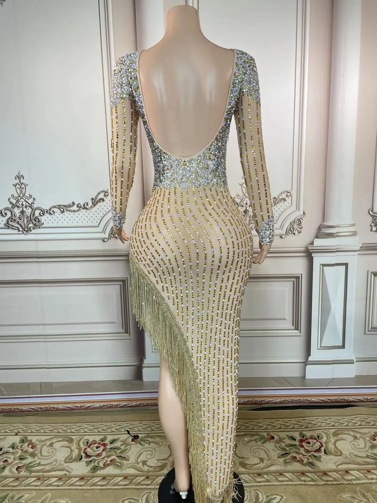 Rhinestone Handmade Diy Sexy Long Dress Elegant Women Bodycon Plus Size Dresses Party Night Costume