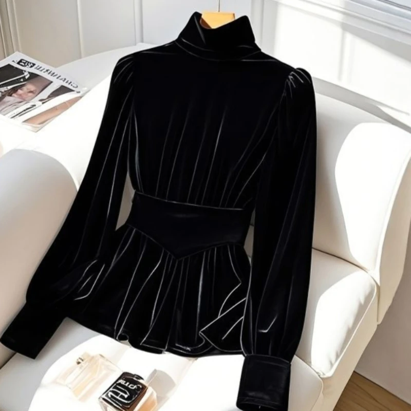

New Long Sleeved Top for Autumn and Winter All Match Elegant Season Black Velvet Fashion Top TT405