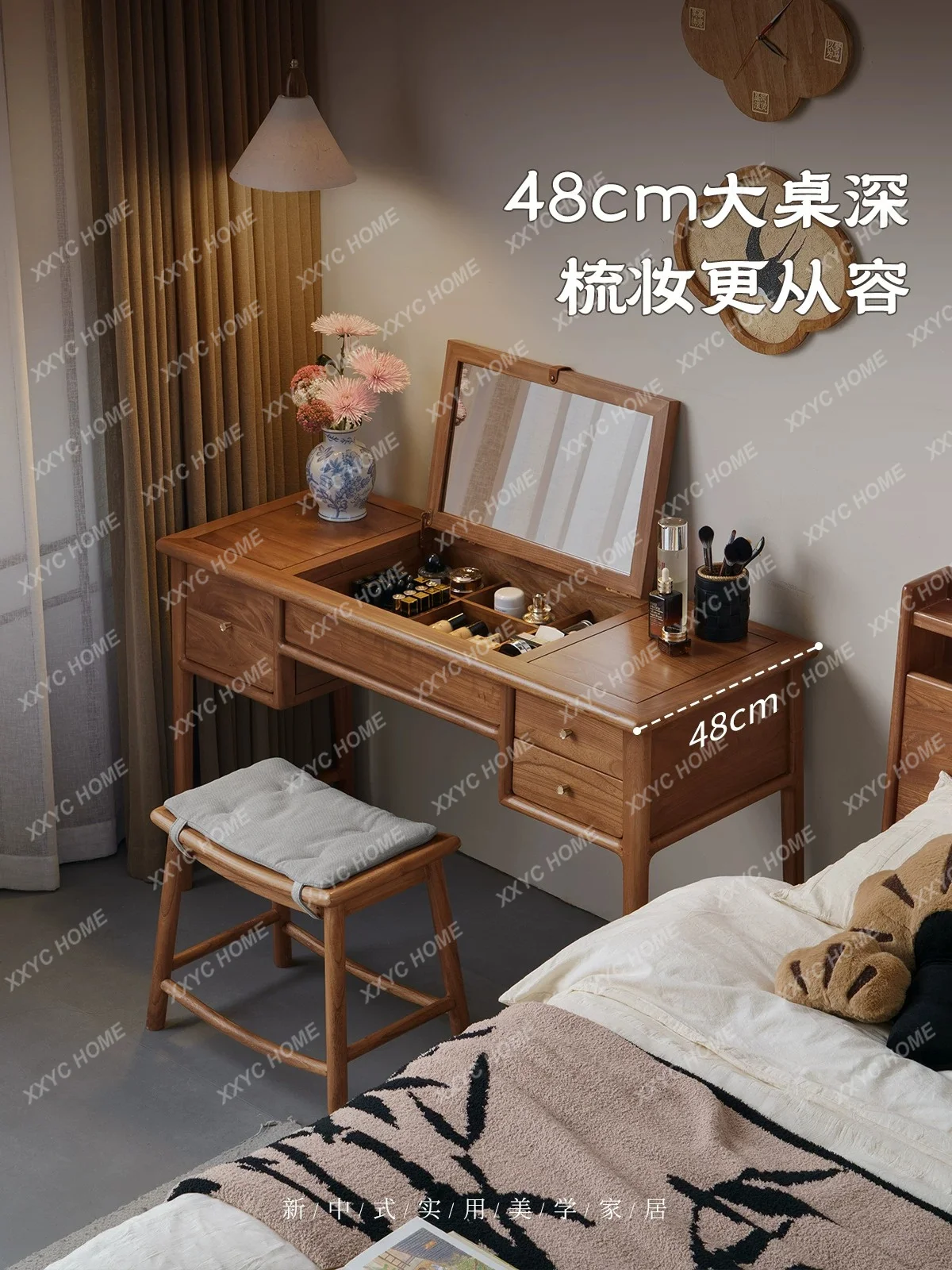 New Chinese-style solid wood dresser multi-functional mirror small apartment cosmetic table bedroom storage cabinet
