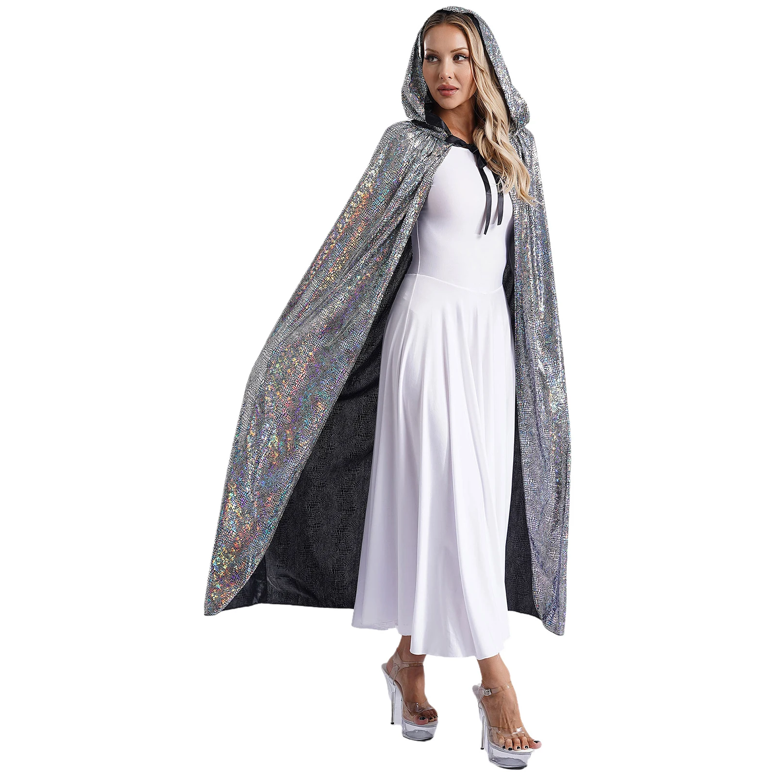 

Womens Halloween Witch Wizard Vampire Cosplay Long Cloak Shiny Hooded Cape Front Tying Full Length Cloak Magician Costume