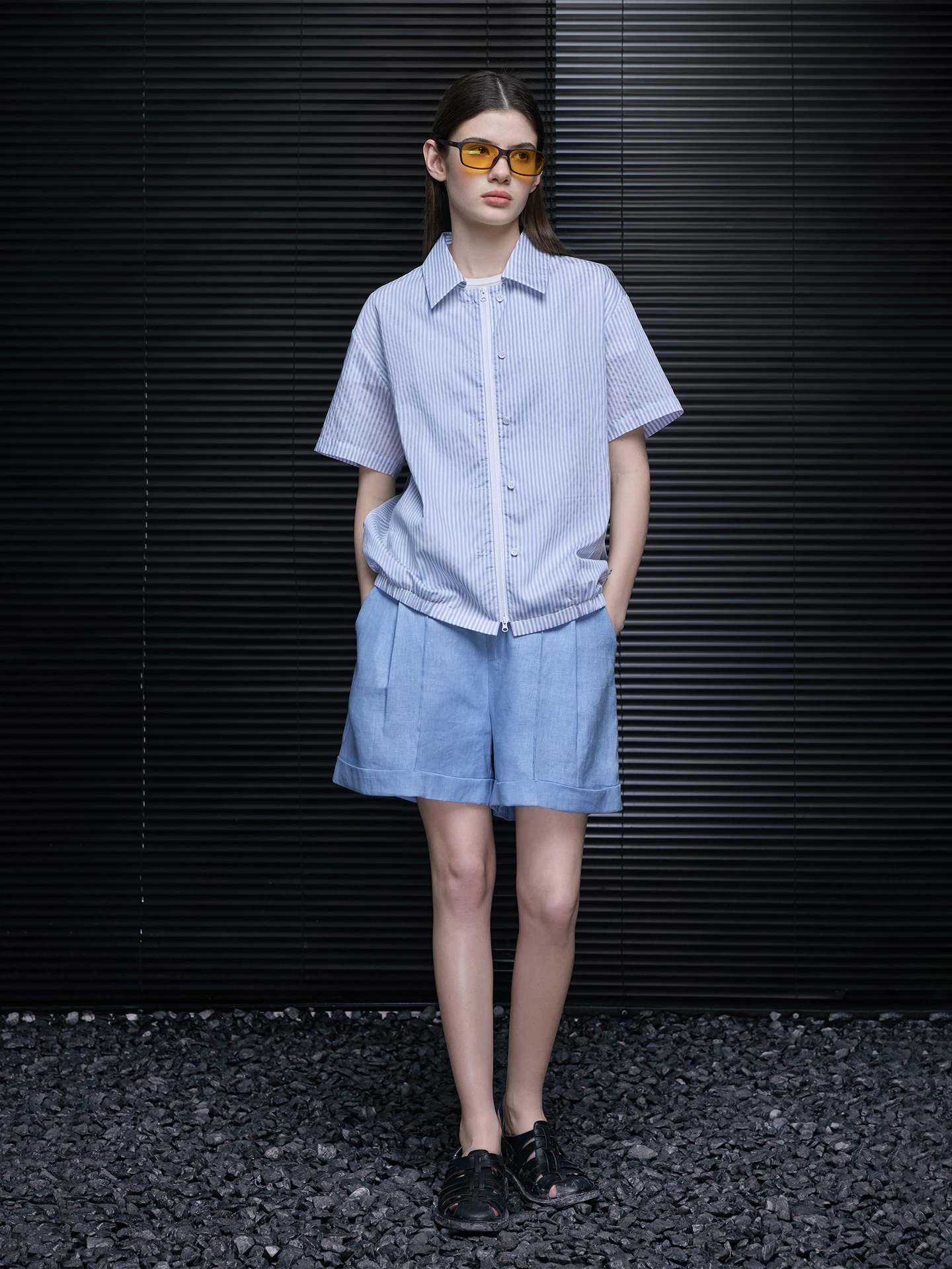 

Spring Summer 2026 Women's Loose Fit Striped ort Sve irt Jaet Casual Street Sle Rigid Fiber Blend Easy Care