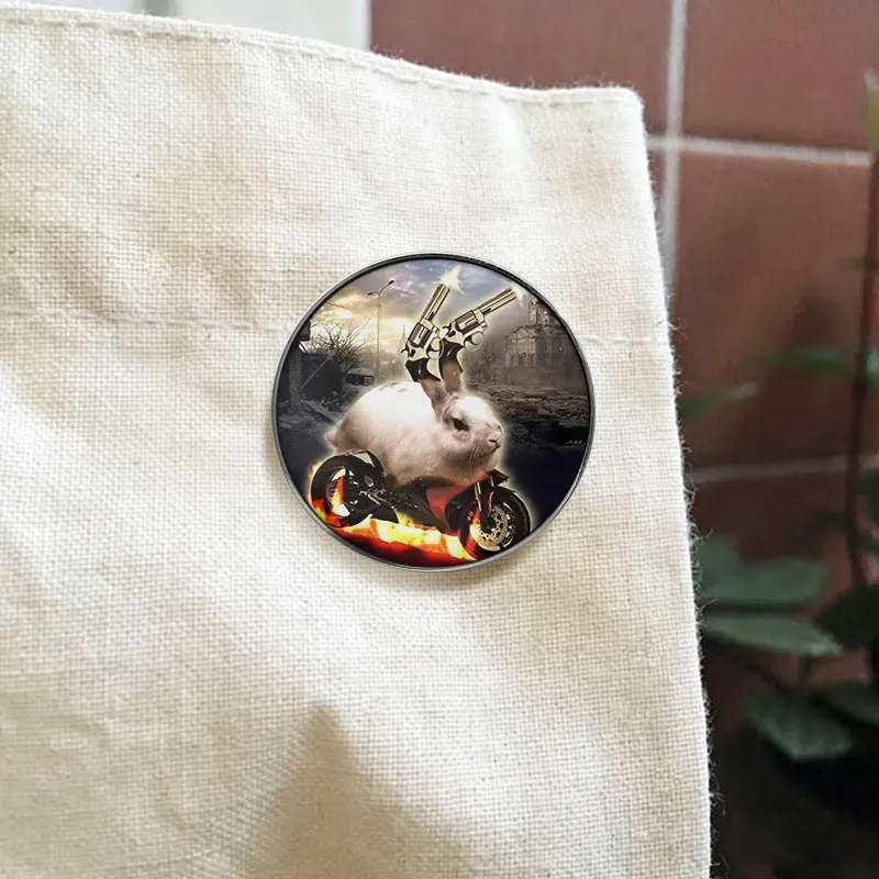 Funny Rabbit Riding Motorcycle UV Printing Pin Punk Rock Gun Wielding Bunny Brooch Animal Badge Gift For men