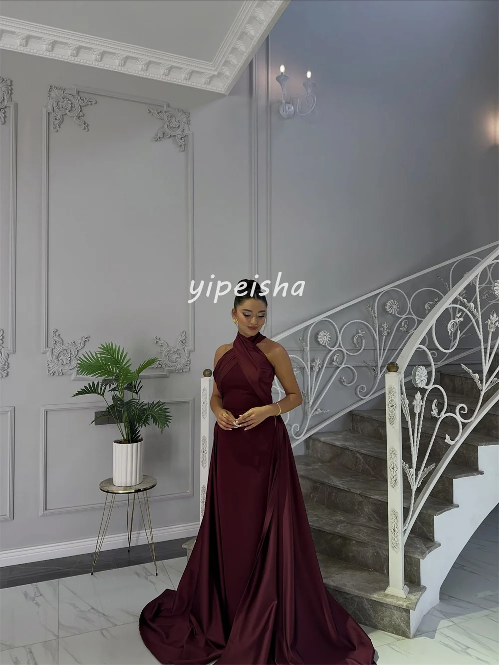 تخصيص رائعة كلاسيكية جيرسي الطية مستقيم الياقة العالية فساتين طويلة مخصصة فساتين المناسبات النمط الصيني الرائع