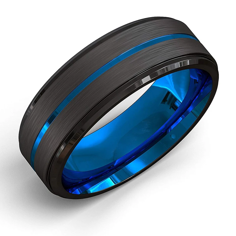 2024 Fashion Jewelry Stainless Steel Rings for Men Accessories Anniversary Gift Vintage Black Brushed Blue Groove Wedding Band