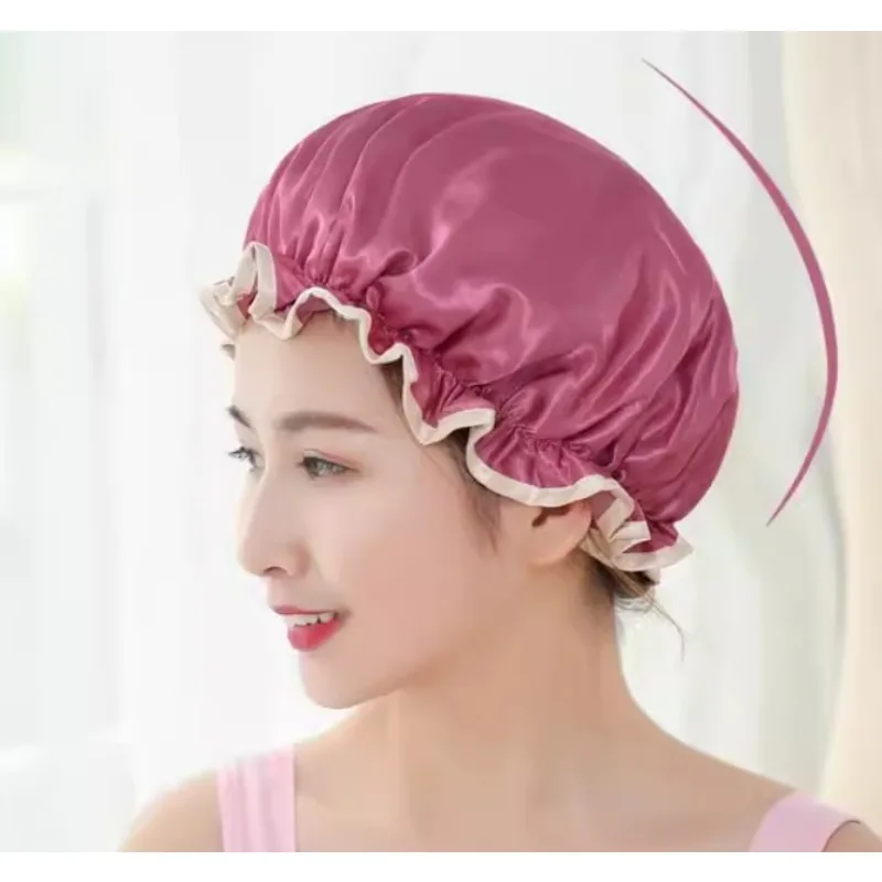 Waterproof Shower Cap for Women Reusable Adult Bath Hair Cover Elastic Plastic Lining Personal Bathroom Essentials