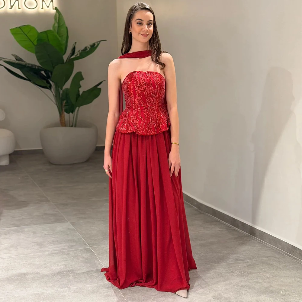 

Sexy Red Strapless Evening Dress Customized Beading Sleeveless Chiffon Backless Wedding Party Prom Gowns Robes De Soirée 2026