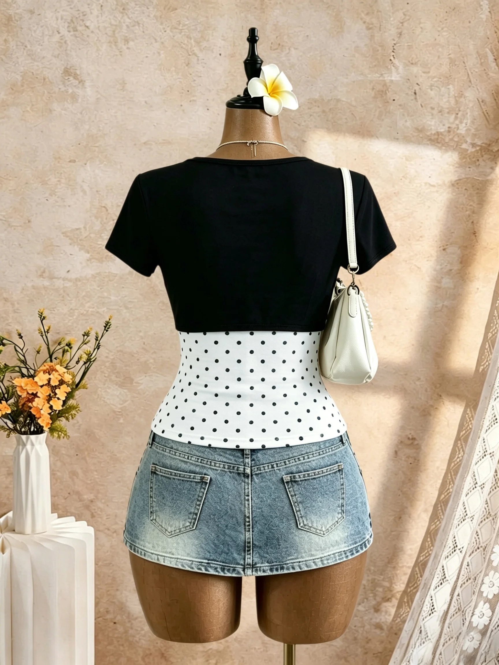 Damen-Outfit, bestehend aus zwei Teilen: kurzes Oberteil mit kurzen Ärmeln und vorne gebundenem Kragen sowie einem Tanktop mit Polka-Dot-Muster, figurbetont, lässig, für den Alltag und zum Ausgehen, zweiteiliges Oberteil. – Detail 3