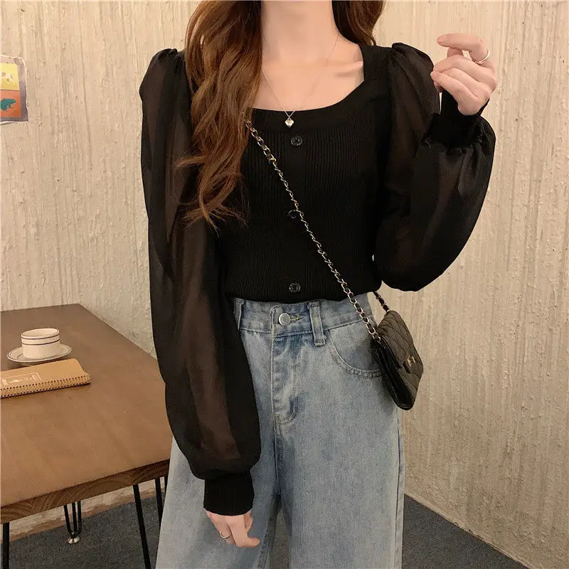 Top de punto de estilo suave para mujer, diseño Sense, primavera y otoño, nuevo cuello cuadrado corto, mangas largas