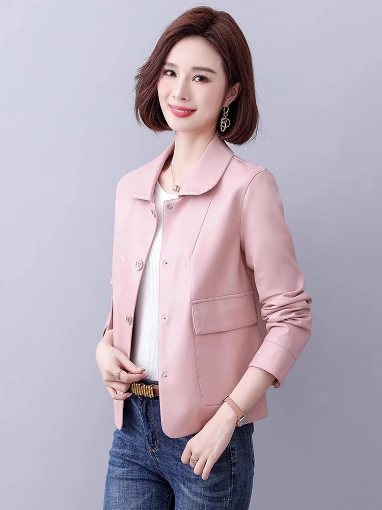 New Women Sweet Leather Jacket Spring Autumn Fashion Turn-down Collar Single Breasted Short Coat Split Leather Casual Jacket