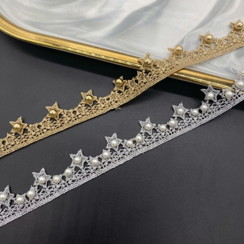 5Yard/Lot Gold Silber 2cm Stern Perlen Stickerei Spitze Trim Band DIY Halskette handgemachte Kleidung Hochzeits kleid Näh materialien – Detail 10