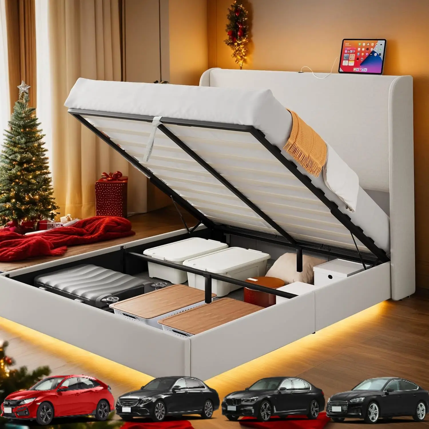 

YITAHOME Каркас кровати King Size с подъемным хранилищем, портом Type-C и USB, современный каркас кровати на платформе с обивкой из льна и высотой 50,4 дюйма