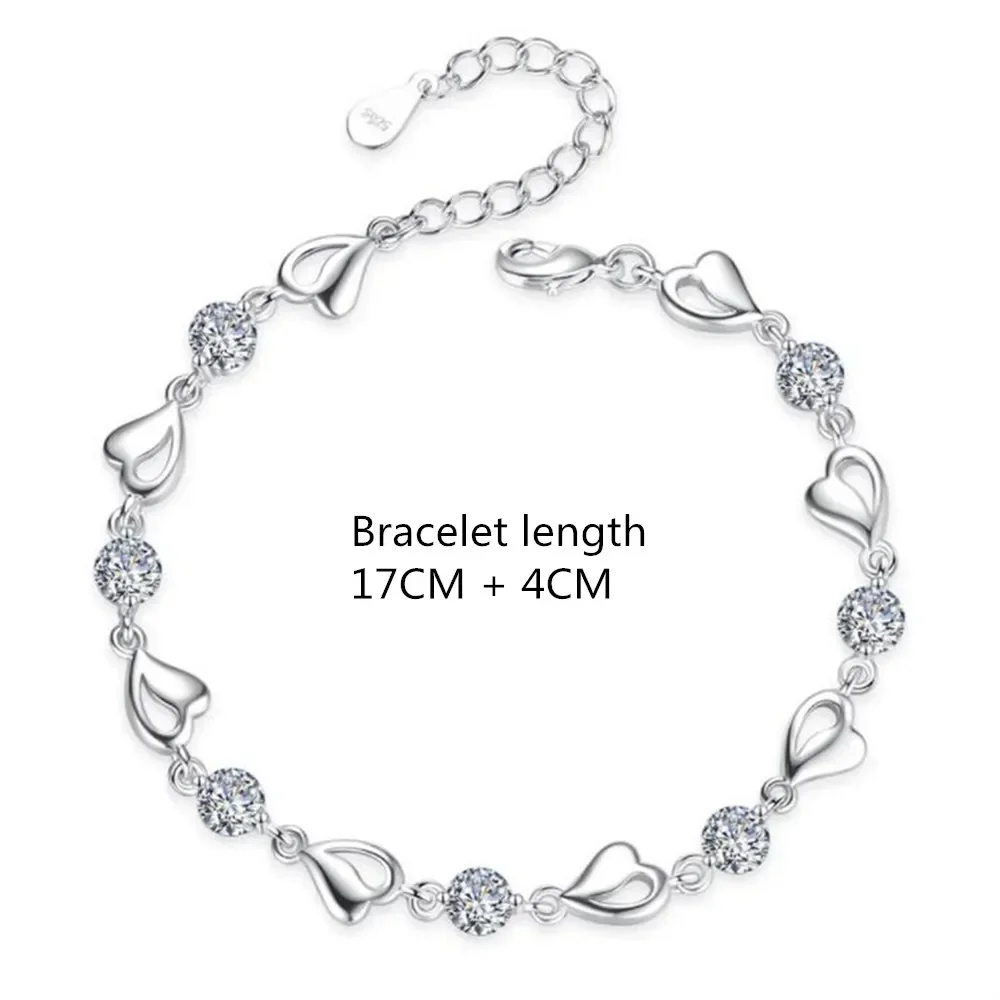 925 Sterling Zilver Hartvormige Ketting Armband Set voor Vrouwen Vintage Koreaanse Blauwe Kristal Armbanden Sieraden Set Partij Sieraden