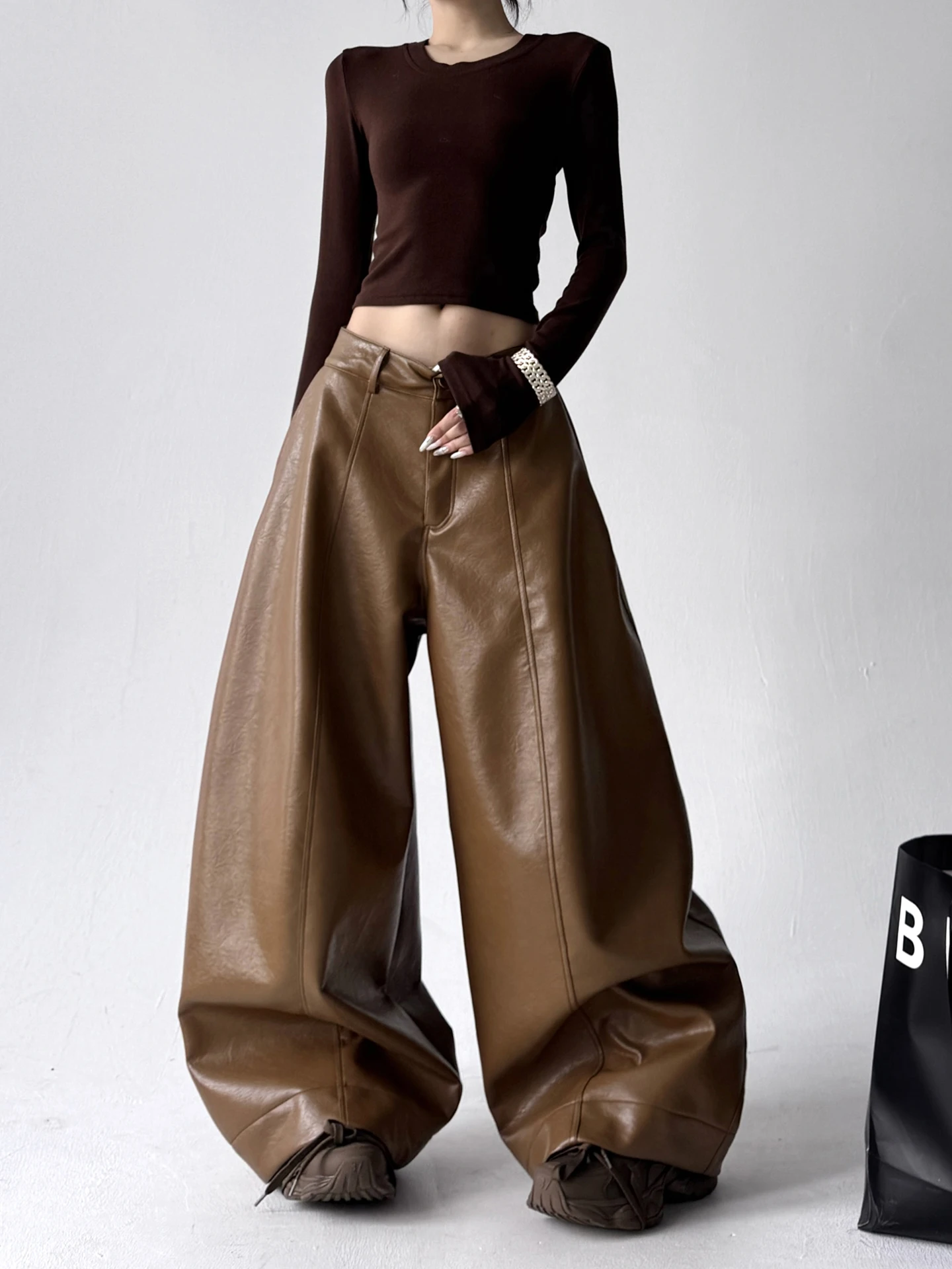Trendy High Waist PU Leather Casual Pants Women's Original Design Autumn Winter New Sle Slimming Loose Wide Leg Pants