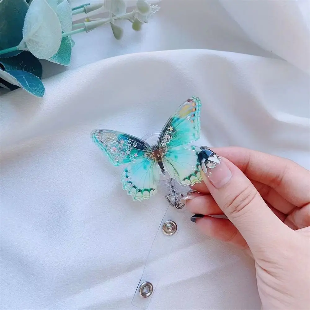 360 Rotate Butterfly Badge Holder Quicksand Bead ID Card Clip Retractable Badge Reel Work Card Chest Card Easy Pull Buckle