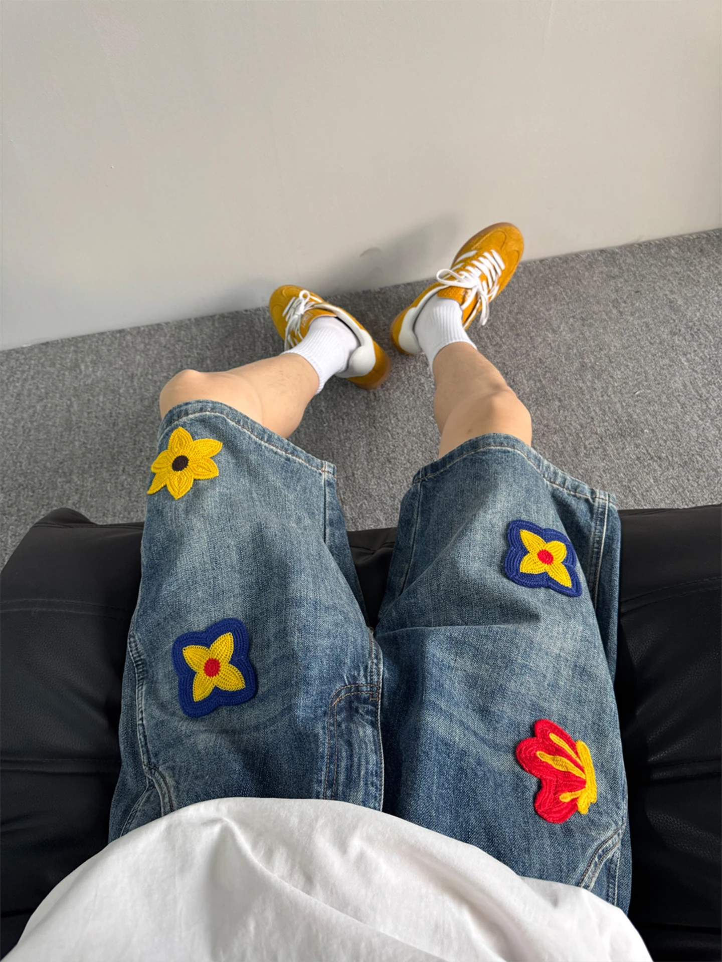 

Blue Towel Embroidery Jeans Men's Summer American Design Cleanfit Thin Five-Point Pants mid Waist Wide Leg ort Jeans