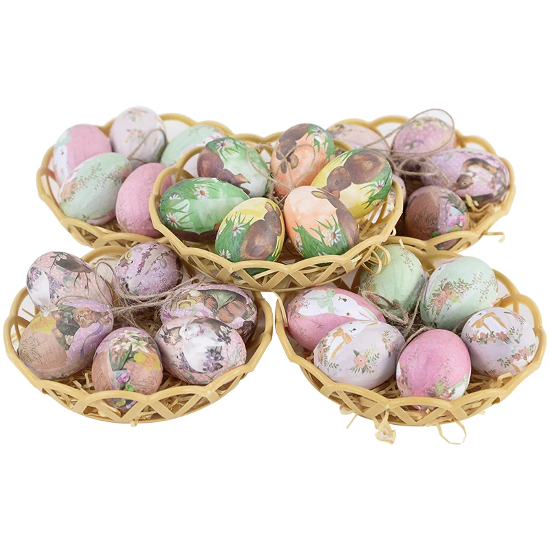 

6pcs Easter Egg With Basket Foam Rabbit Painting Egg For Home Decoration Easter Party Hanging Ornaments Kids Gifts 2024