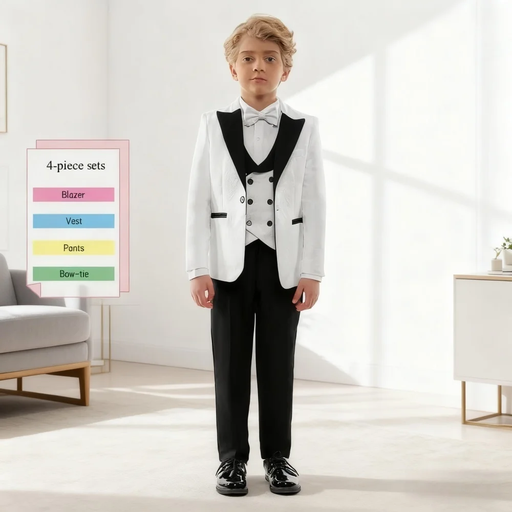

Dashing Contrast Lapel Boy's Suit Sleek White & Black For Boys 4-Piece Suit Sharp Formal Ring Boys Includes Blazer Vest Pants
