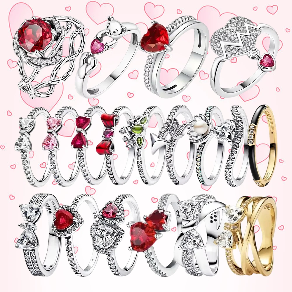 2025 Hot Sale New Valentine's Day Love Series S925 Silver Couple Rings Exquisite Bow Heart Design Suitable for Lovers Gifts