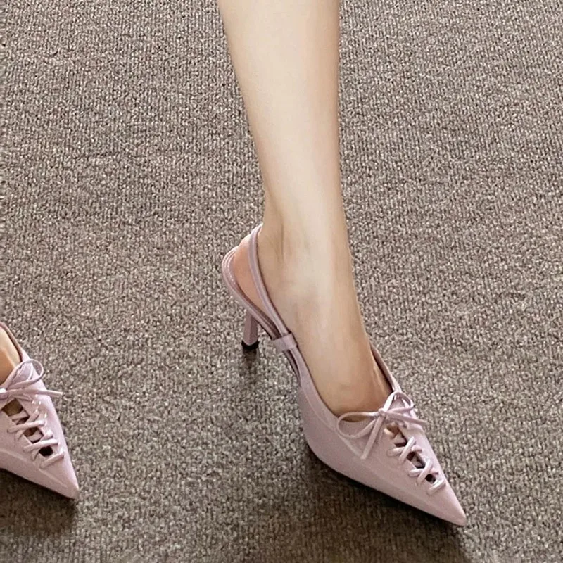 

Женские туфли на шпильке в европейском стиле с острым носком, бантом и ремешками, новые французские босоножки с одним ремешком и открытым носком