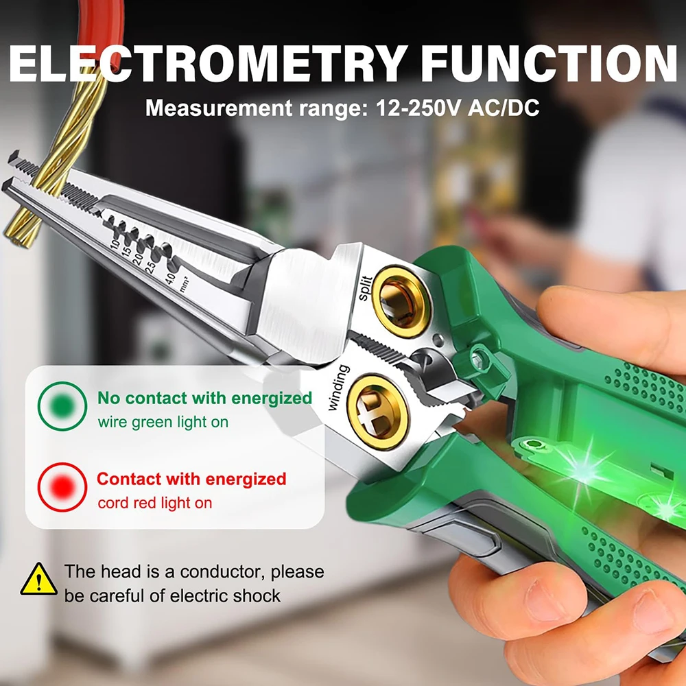 كماشة كهربائي، أداة تعرية أسلاك متعددة الوظائف، كماشة أنف بإبرة من الفولاذ المقاوم للصدأ 8 في 1 مع قياس كهربائي f #5