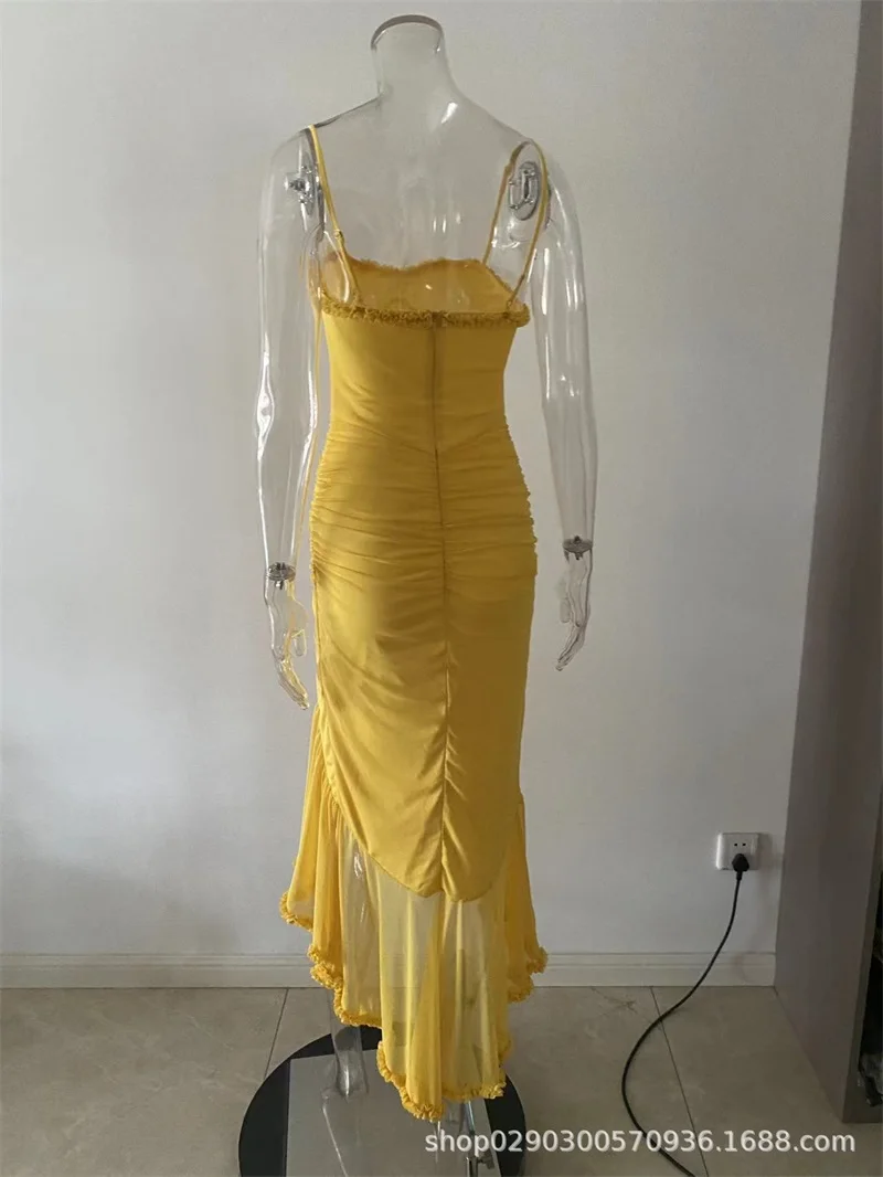 Yellow Sexy Women Prom Dress Strap Sleeveless Party Gown Long Robes Sheath Slim Fit Formal Birthday Guest Dinner Evening Gown