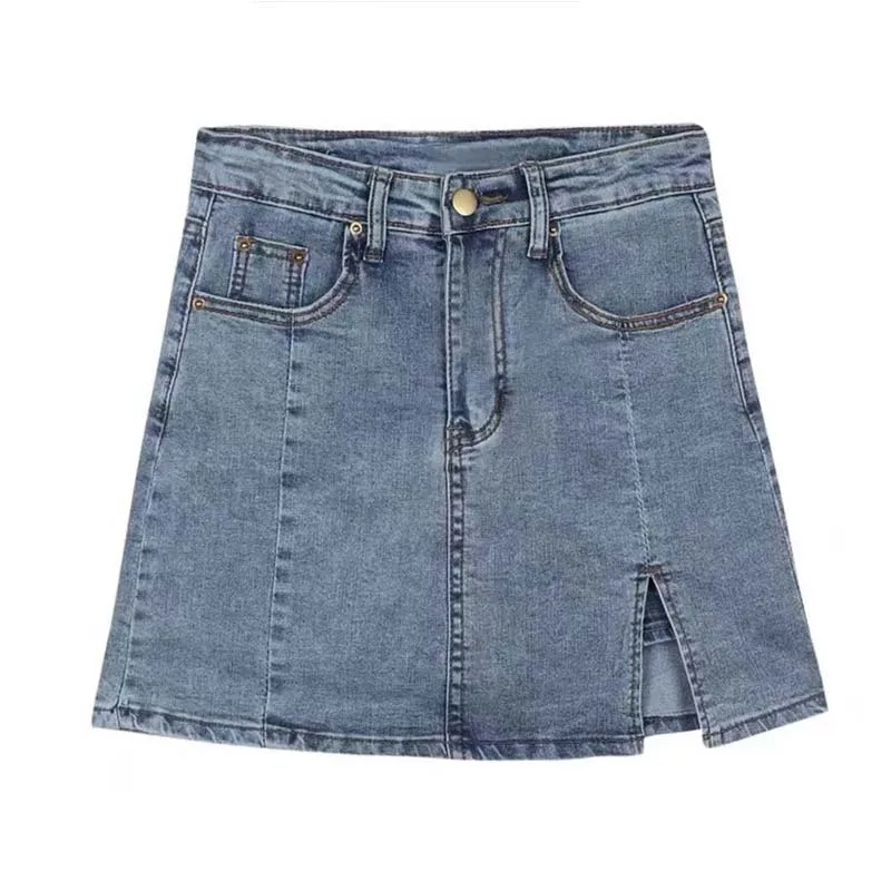 

Women Summer Korean Fashion Denim Short Skirt New High Waist Wrap Hip Split A-line Skirts