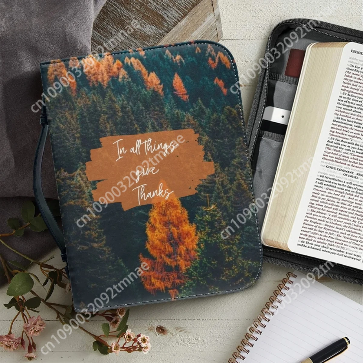 

Custom Demand Leather Hand Zipper Bible Bag Practical Church Prayer Bag Ladies Simple Landscape Printing Bible Study Bags 2023