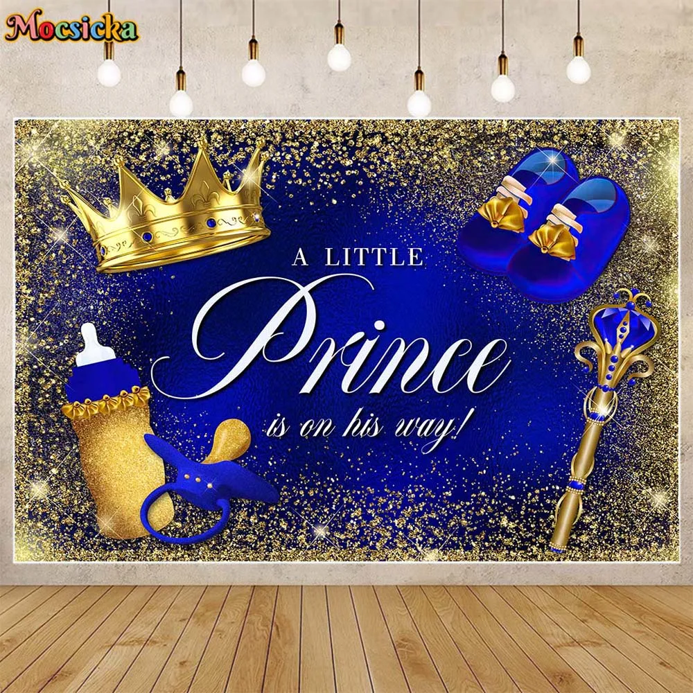 

Mocsicka Baby Shower Backdrop Golden Dots Crown Boy Welcome Party Decor A Little Prince Is On His Way Photo Background Photocall