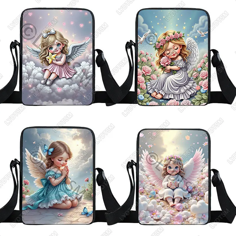 

Kawaii Little Angel Prayer Graphic Print Crossbody Bag Women Handbag Phone Wallet Holder Boys Girls Bookbag Messenger Bags