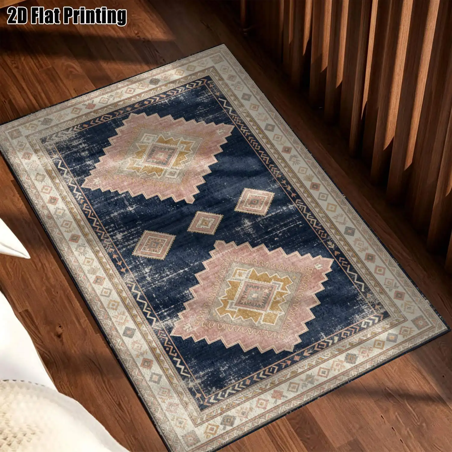 1Pc 2D Printed Carpet: Retro Blue Pink Geometric Patterns, Multiple Styles & Sizes, Machine Washable, Multi-Scene Use for Home Decor